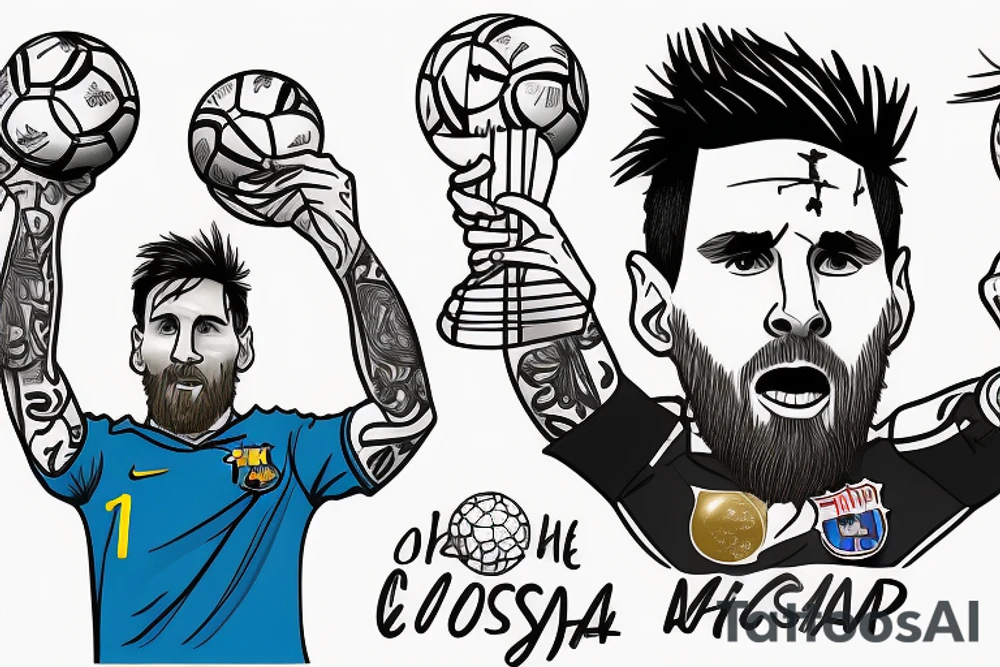 Messi lifting and kissing the world cup, animated, tears rolling down his face tattoo idea
