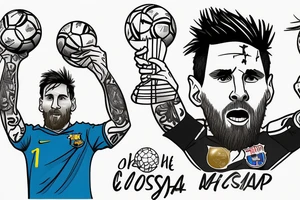 Messi lifting and kissing the world cup, animated, tears rolling down his face tattoo idea