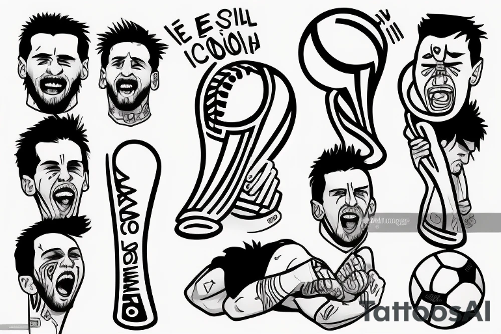 Messi lifting and kissing the world cup, animated, tears rolling down his face tattoo idea