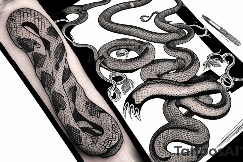 A snake to wrap around arm with fangs out tattoo idea