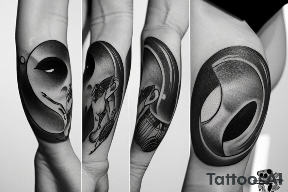 Black and white tattoo of a alien swinging on a half moon realistic tattoo idea