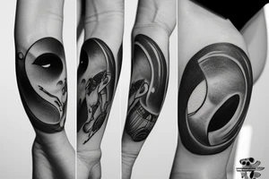 Black and white tattoo of a alien swinging on a half moon realistic tattoo idea