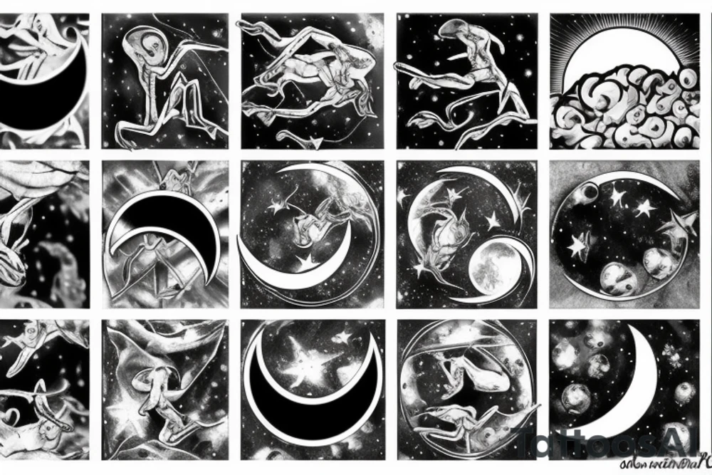 Black and white tattoo of a alien swinging on a half moon realistic tattoo idea