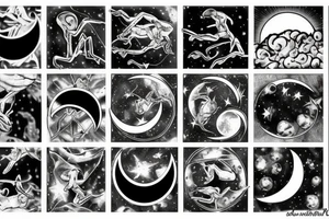 Black and white tattoo of a alien swinging on a half moon realistic tattoo idea