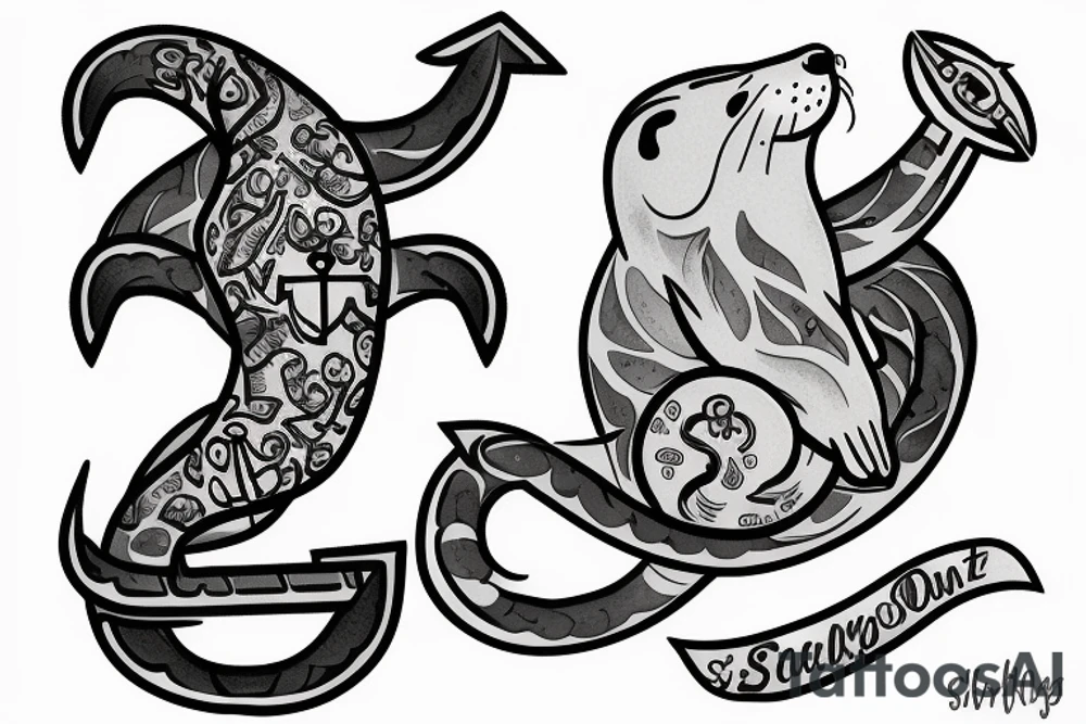 an otter with an anchor behind it with a setting sun tattoo idea