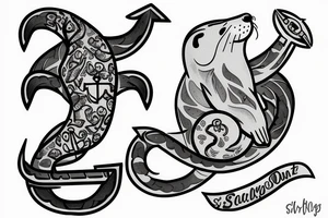 an otter with an anchor behind it with a setting sun tattoo idea