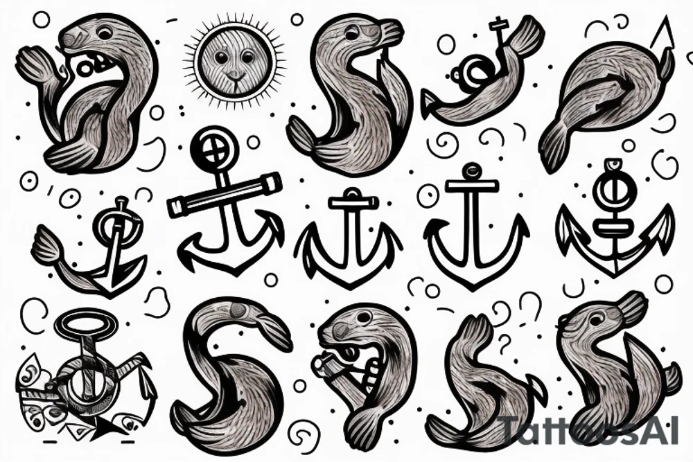 an otter with an anchor behind it with a setting sun tattoo idea