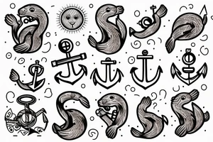 an otter with an anchor behind it with a setting sun tattoo idea