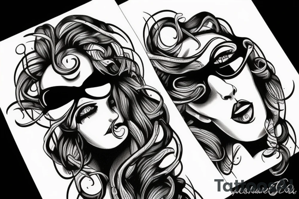 Medusa smirking from profile and having sun glasses under her green eyes tattoo idea
