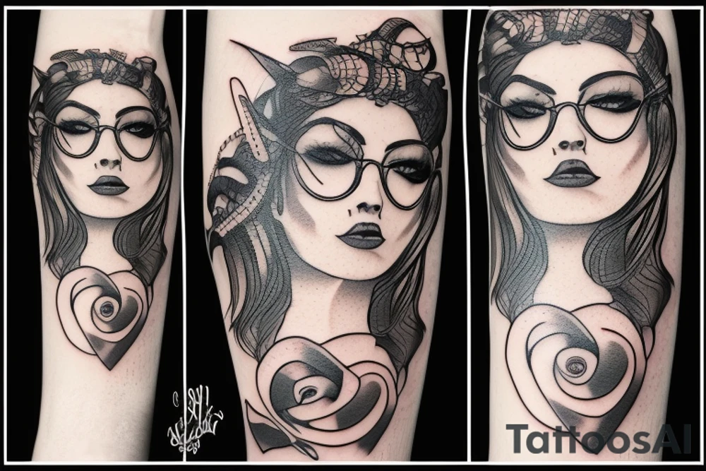 Medusa smirking from profile and having sun glasses under her green eyes tattoo idea