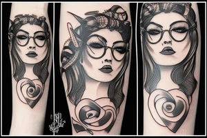 Medusa smirking from profile and having sun glasses under her green eyes tattoo idea