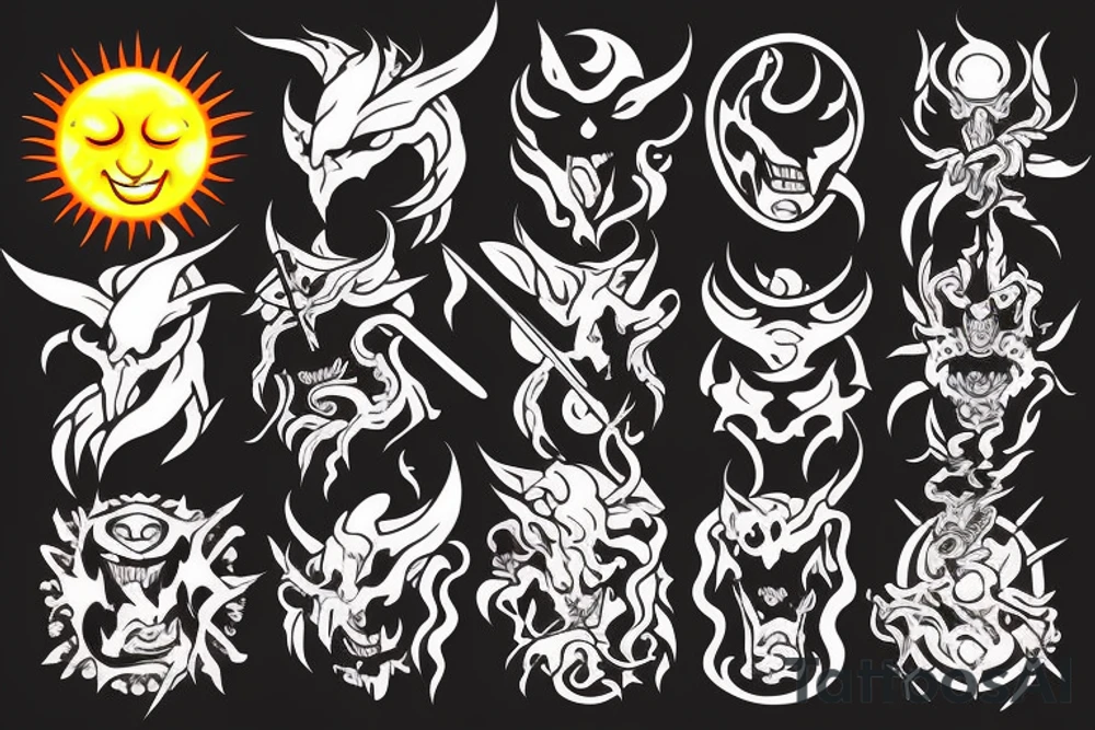 demon holding a sword with the sun behind him tattoo idea