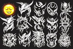 demon holding a sword with the sun behind him tattoo idea