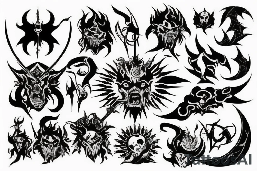 demon holding a sword with the sun behind him tattoo idea