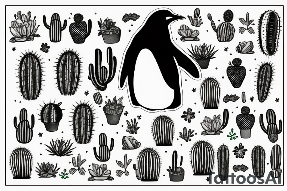 Penguin staring down at a cactus tattoo idea