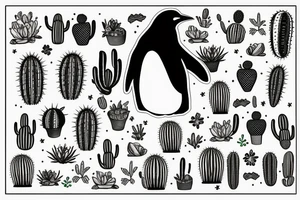 Penguin staring down at a cactus tattoo idea