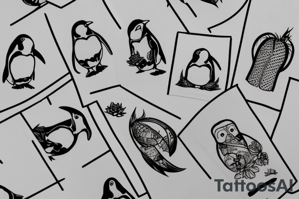 Penguin staring down at a cactus tattoo idea