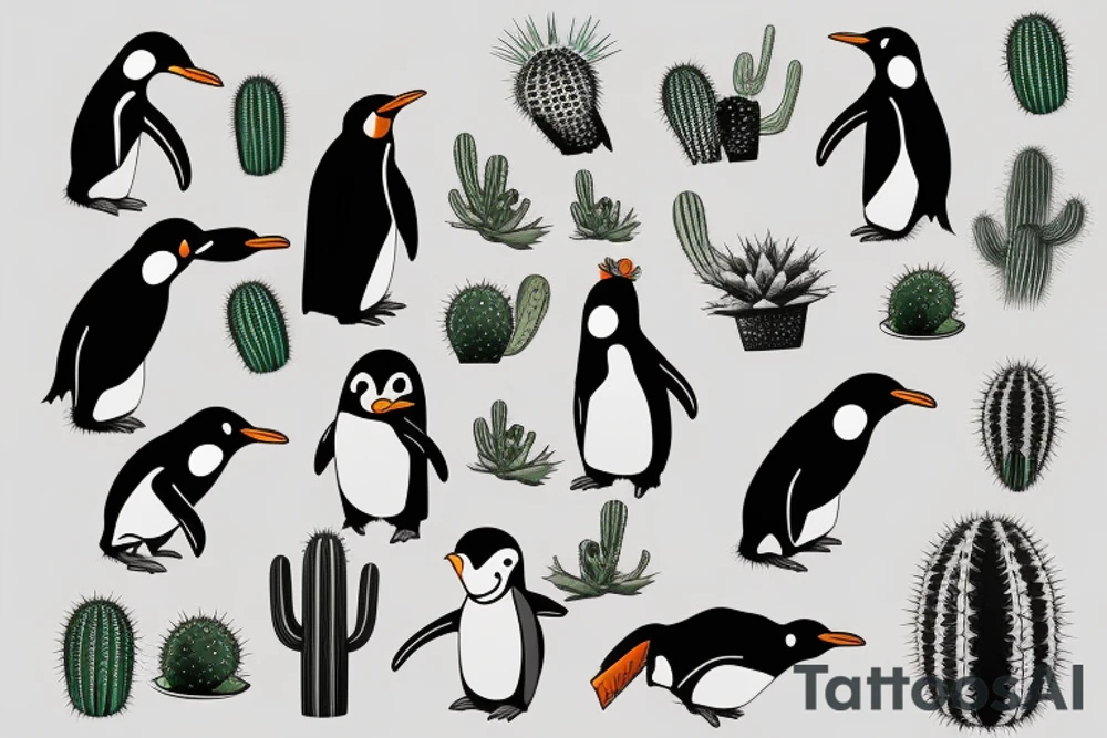 Penguin and cactus tattoo idea