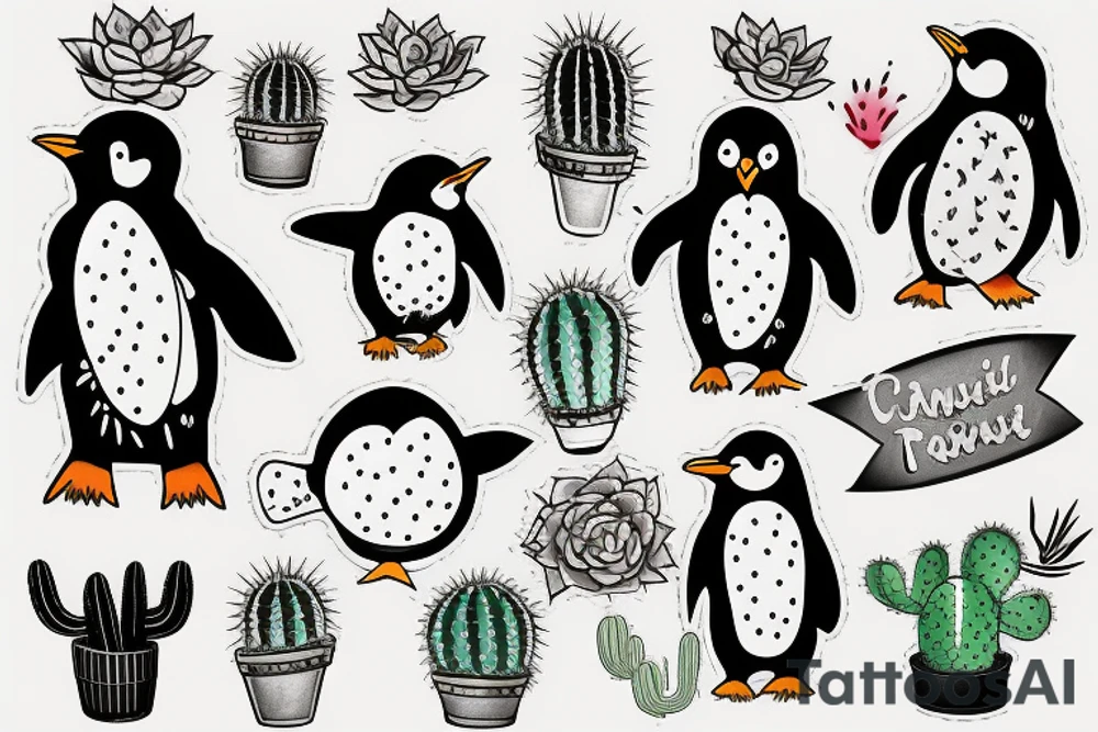 Penguin and cactus tattoo idea