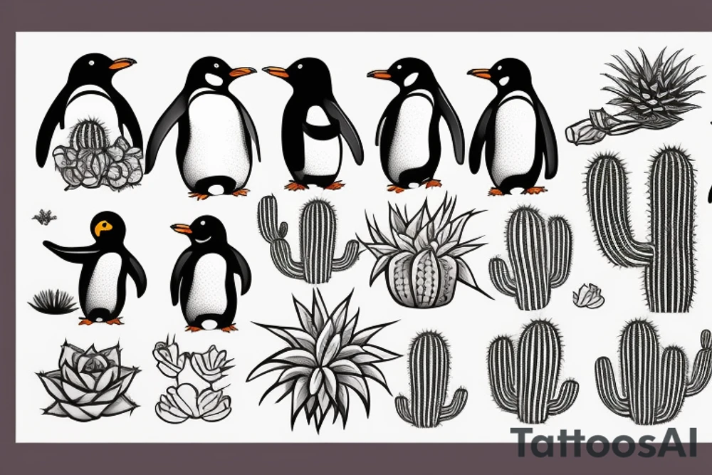 Penguin and cactus tattoo idea