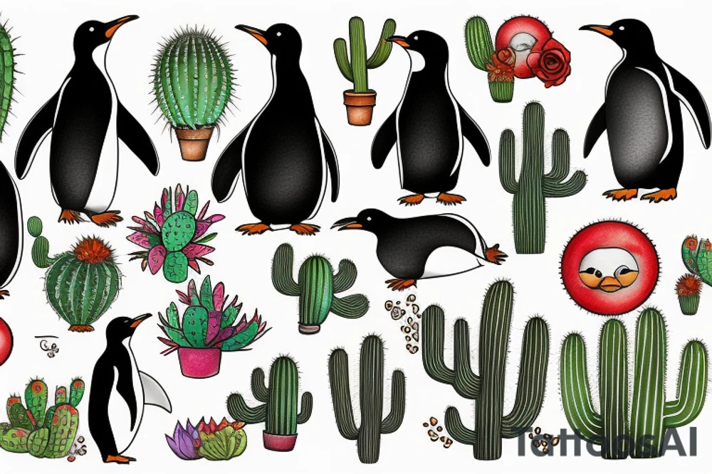 Penguin and cactus tattoo idea