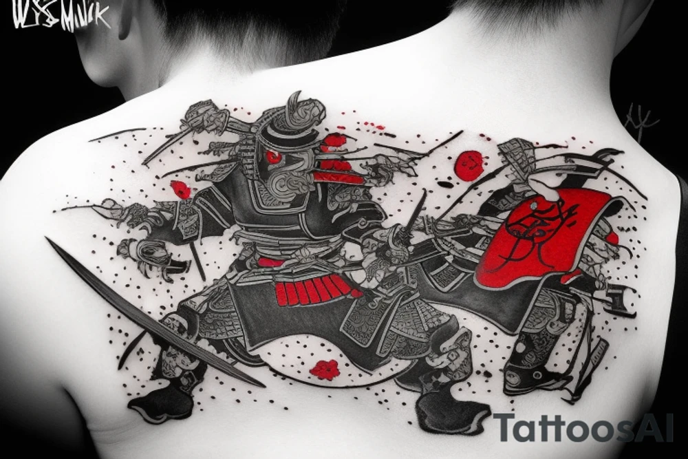 Samurai with armour, mask and bloody blade, raining, Painted only in black, white and red tattoo idea
