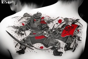 Samurai with armour, mask and bloody blade, raining, Painted only in black, white and red tattoo idea