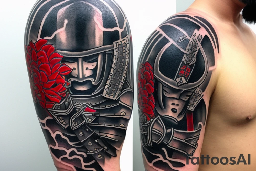 Samurai with armour, mask and bloody blade, raining, Painted only in black, white and red tattoo idea
