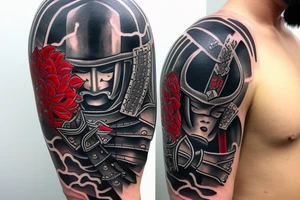 Samurai with armour, mask and bloody blade, raining, Painted only in black, white and red tattoo idea