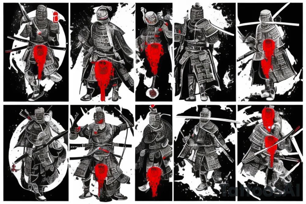 Standing Samurai with armour, mask and a sword with blood dripping, raining, Painted only in black, white and red tattoo idea
