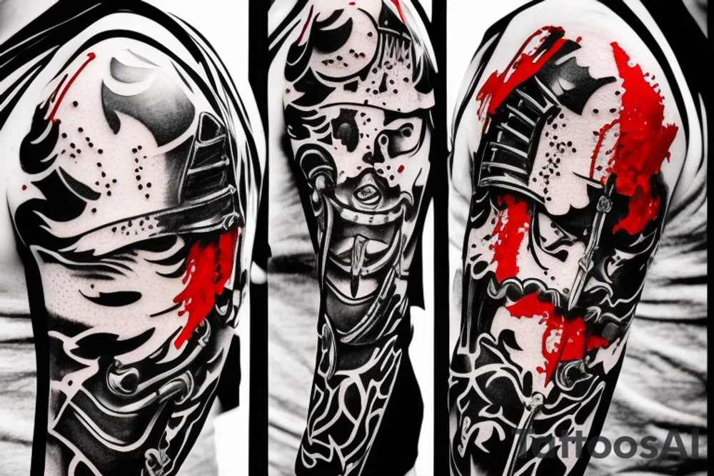 Standing Samurai with armour, mask and a sword with blood dripping, raining, Painted only in black, white and red tattoo idea