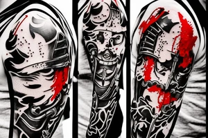 Standing Samurai with armour, mask and a sword with blood dripping, raining, Painted only in black, white and red tattoo idea