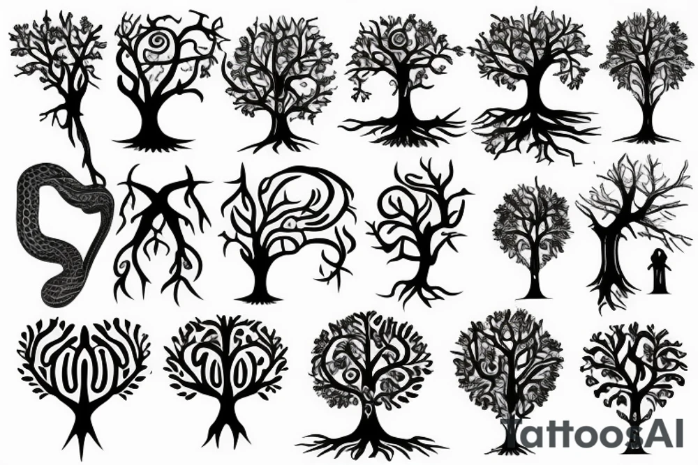 tree of life with roots, snake, knives, heart tattoo idea