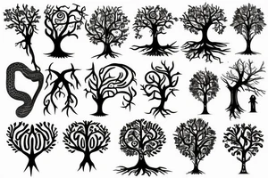tree of life with roots, snake, knives, heart tattoo idea