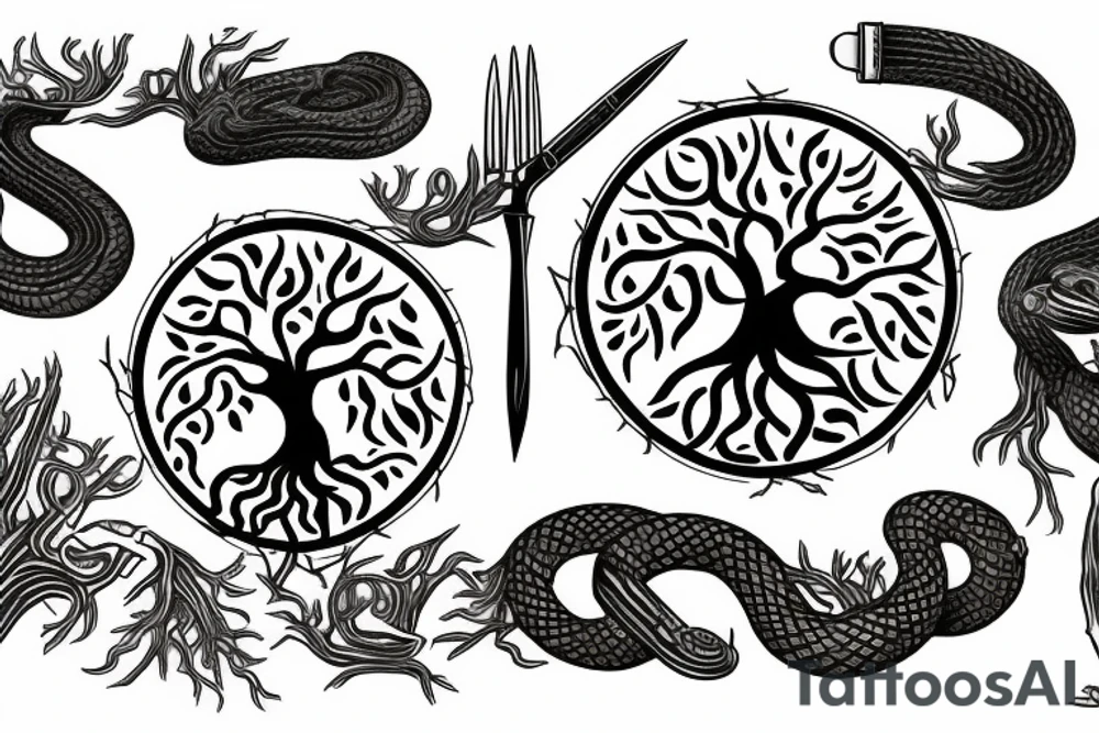 tree of life with roots, snake, knives tattoo idea