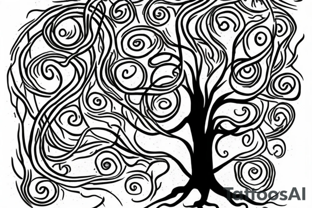 tree of life with roots, snake, knives tattoo idea