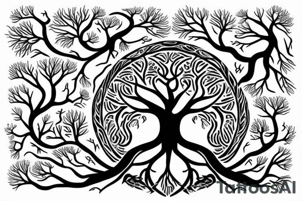 tree of life with roots, snake, knives tattoo idea