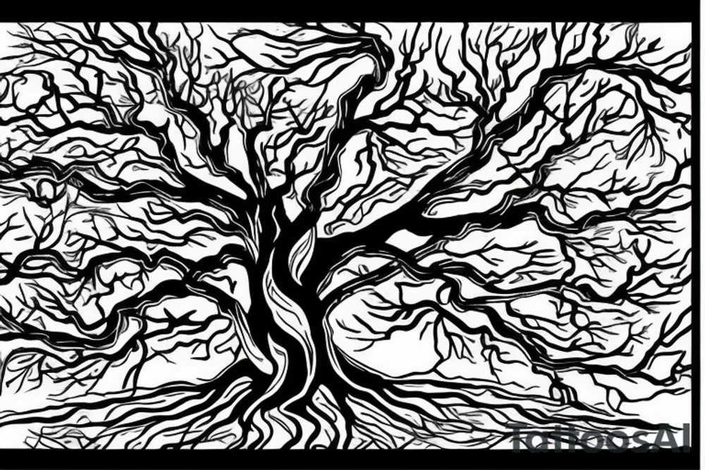 tree with roots, snake, knives tattoo idea