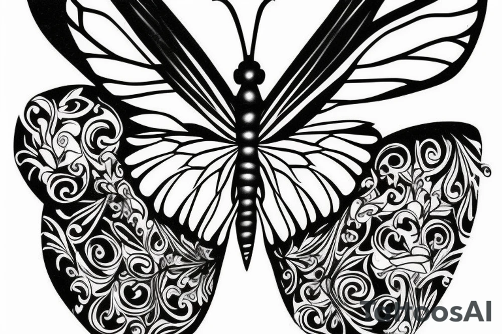 a butterfly that is damaged on the left side, but perfect on the right side. symbolizing the progression in one's life from damaged to healed. have the words "the power to transcend comes from within" written underneath tattoo idea