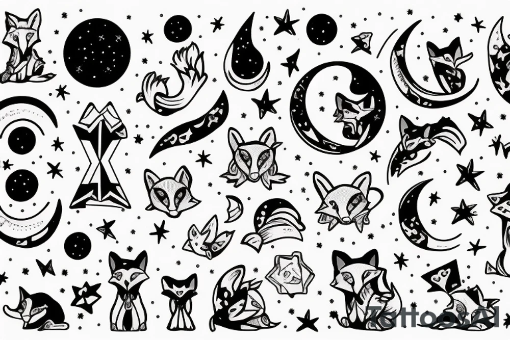 Star surrounded by jumping fox, moon, hourglass and letter D tattoo idea