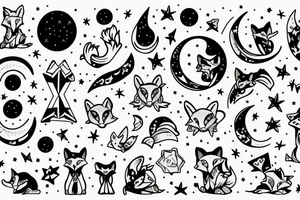 Star surrounded by jumping fox, moon, hourglass and letter D tattoo idea