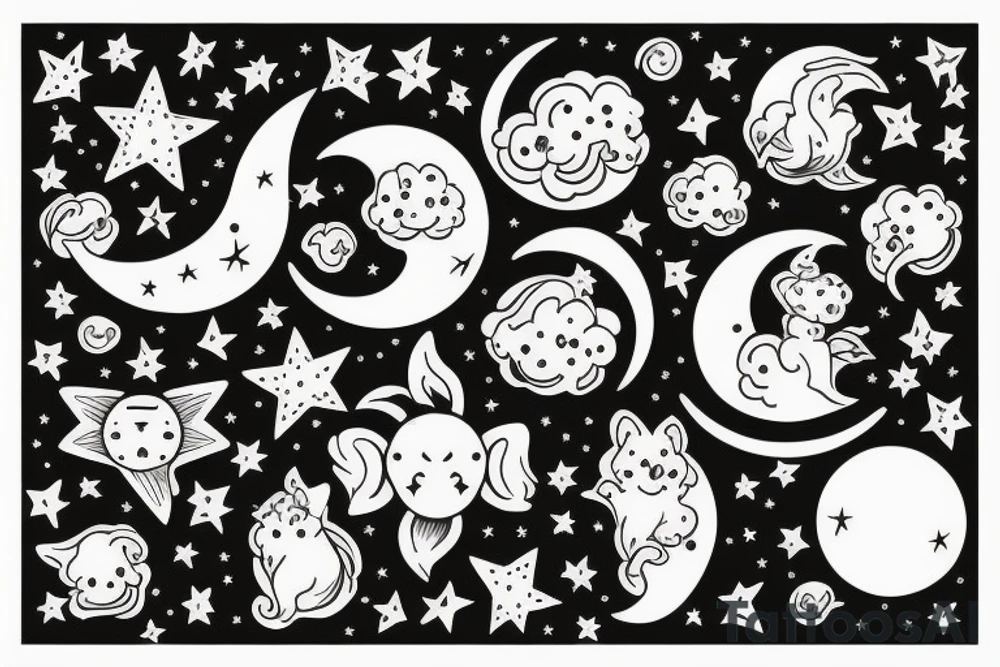 Star surrounded by jumping fox, moon, hourglass and letter D tattoo idea