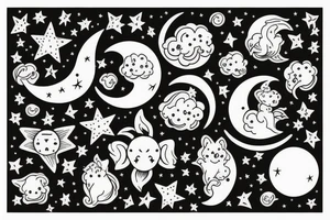 Star surrounded by jumping fox, moon, hourglass and letter D tattoo idea