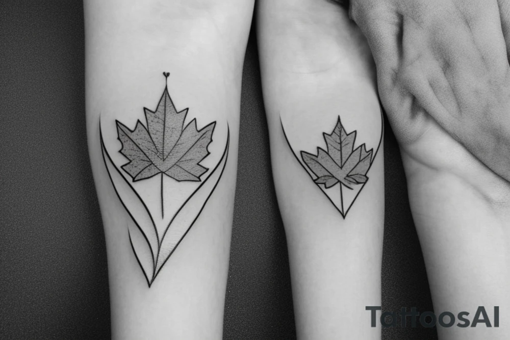 heart pulse line tattoo with maple leaf outline connected tattoo idea