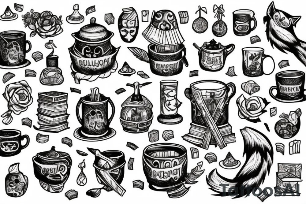 Cauldron with books and fox tattoo idea