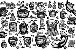 Cauldron with books and fox tattoo idea