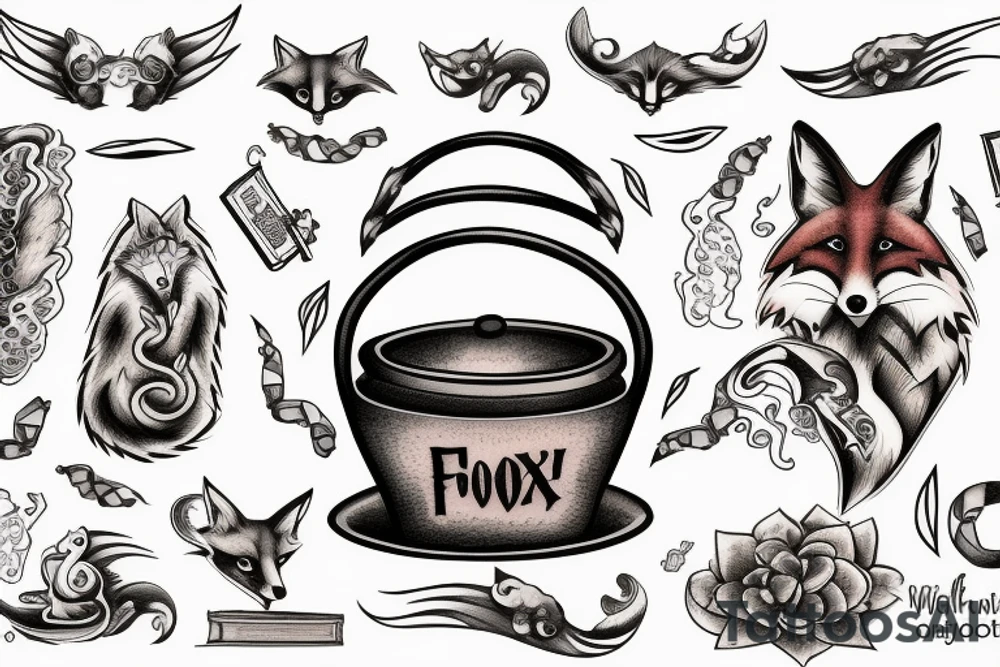 Bookish cauldron with fox tattoo idea