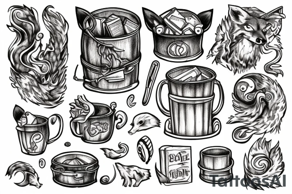 Bookish cauldron with fox tattoo idea