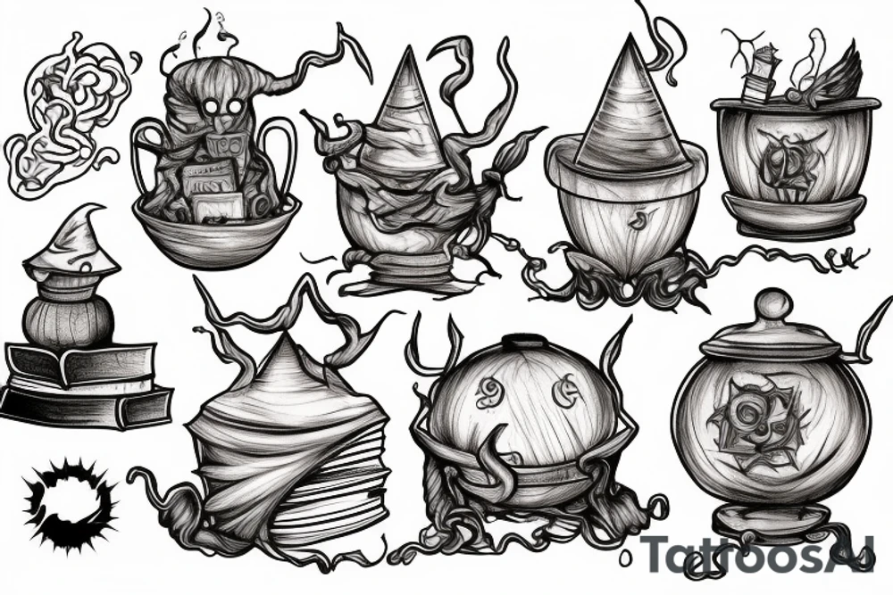 Bookish cauldron witchy tattoo idea
