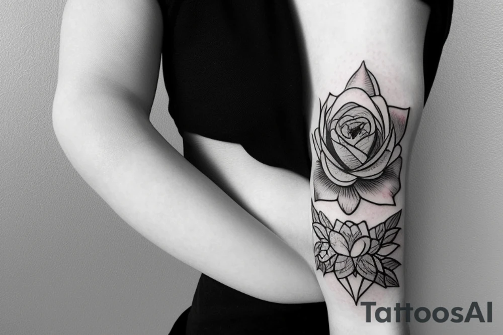 one rose, one lotus, oneiris and a violet together blooming tattoo idea